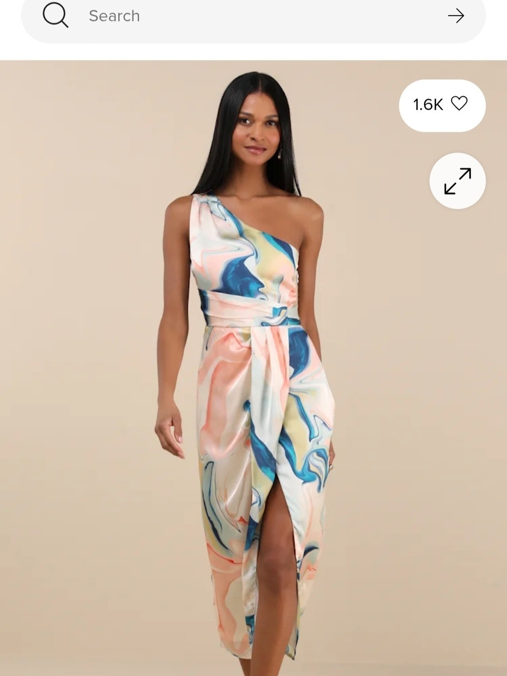 Lulu's One-Shoulder Marble Print Midi Dress in Coral, Blue, Cream - Picture 1 of 7